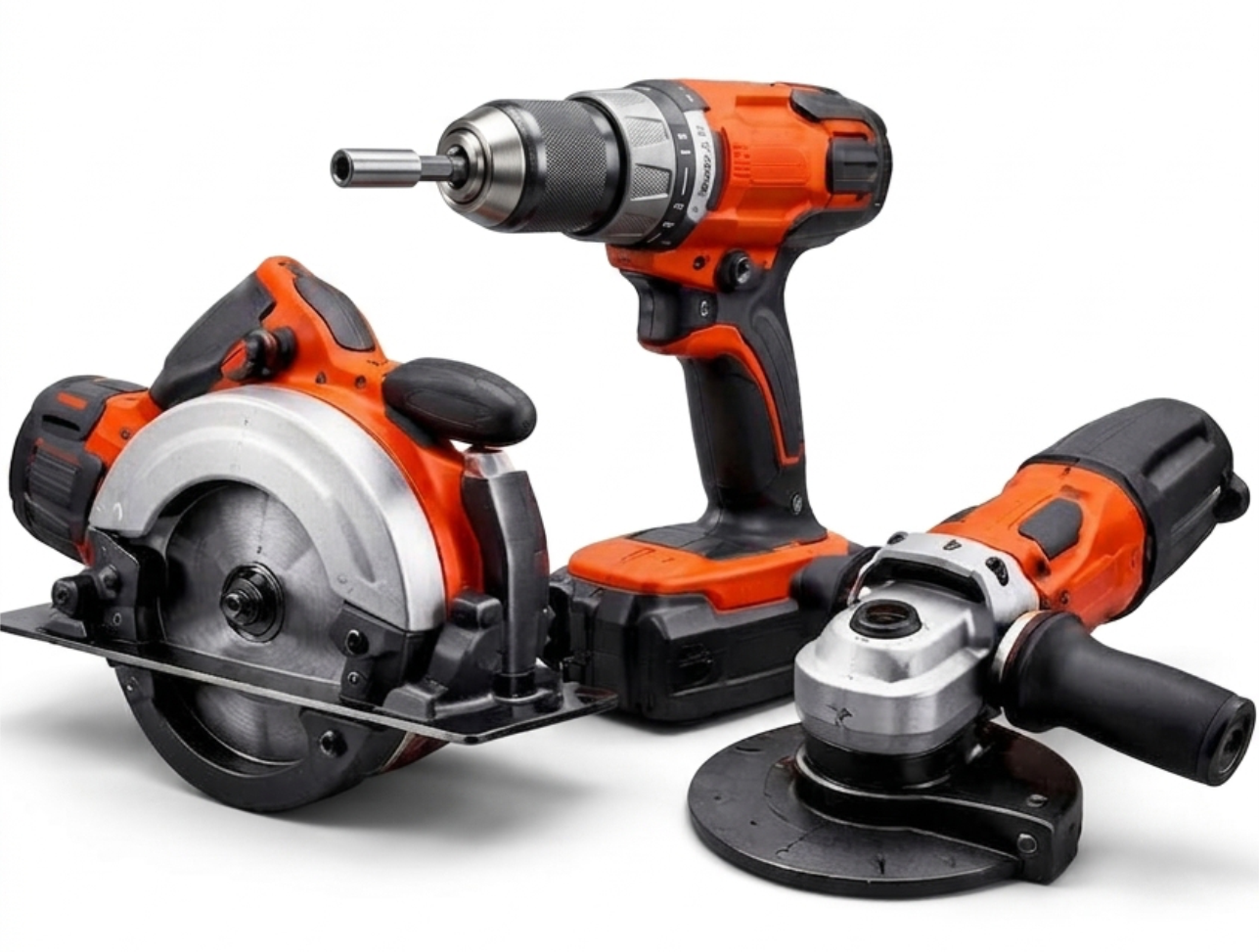Conjunto de ferramentas elétricas laranja e pretas: serra circular, furadeira e esmerilhadeira